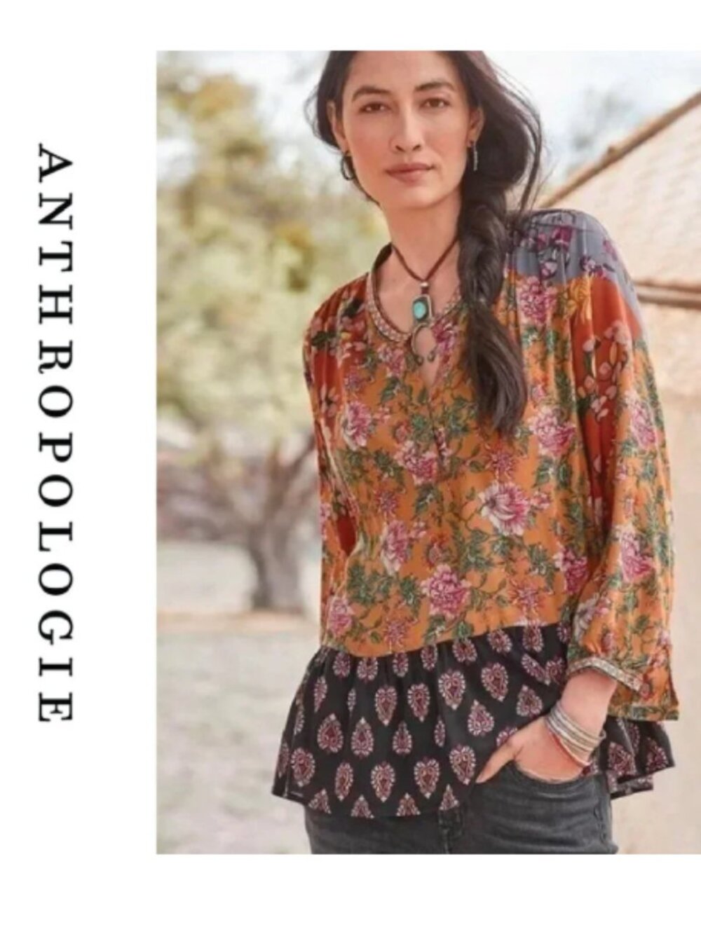 Anthro Feathers by Tolani Alex Mixed Print Floral Panel Embroidered Peasant Top